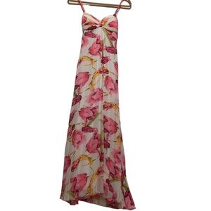 Voxx New York White & Pink Floral Spaghetti Strap Maxi Dress with Pleating
